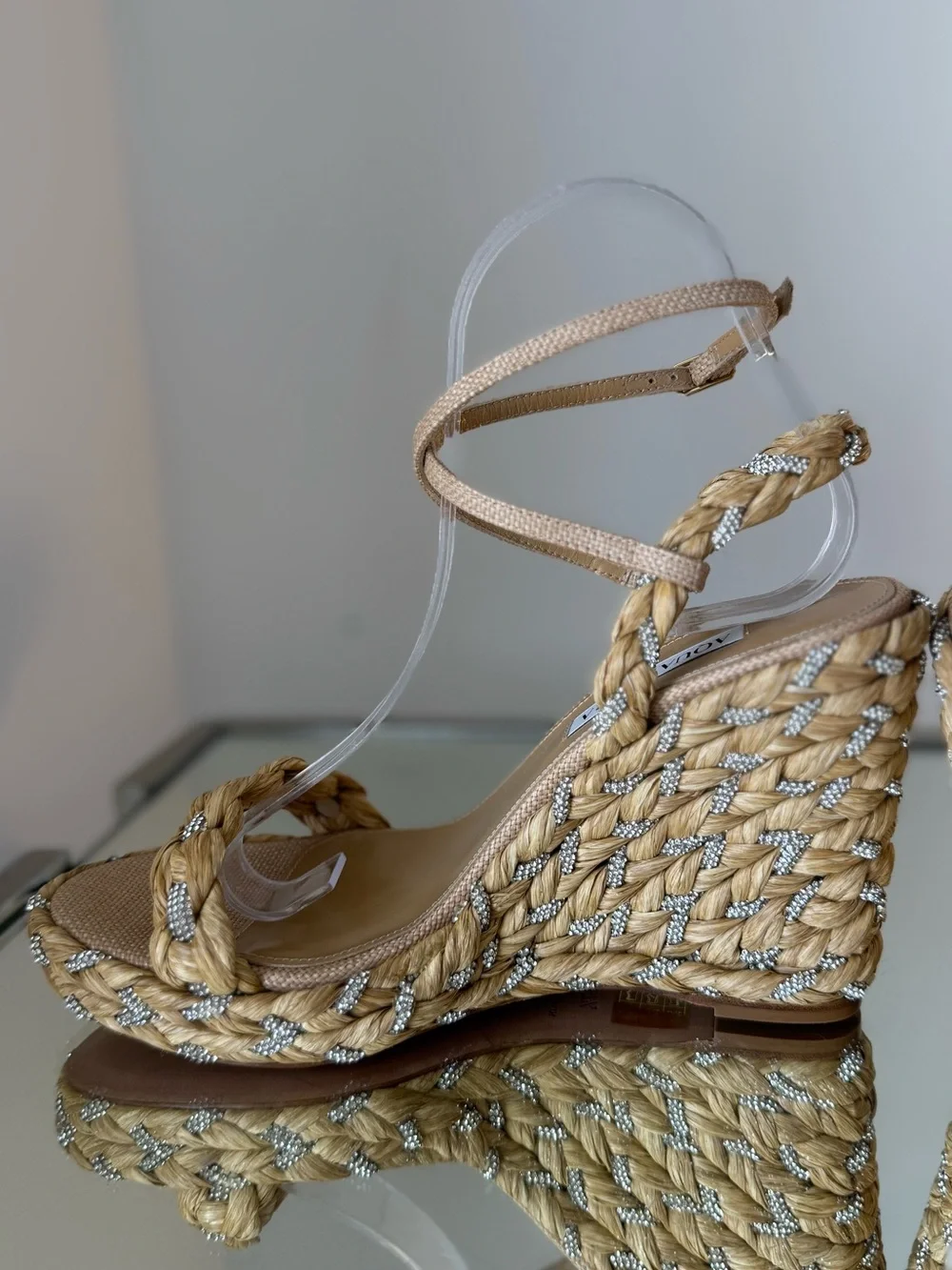 Aquazzura Costiera 120 crystal-embellished raffia wedge sandals $995 37.5